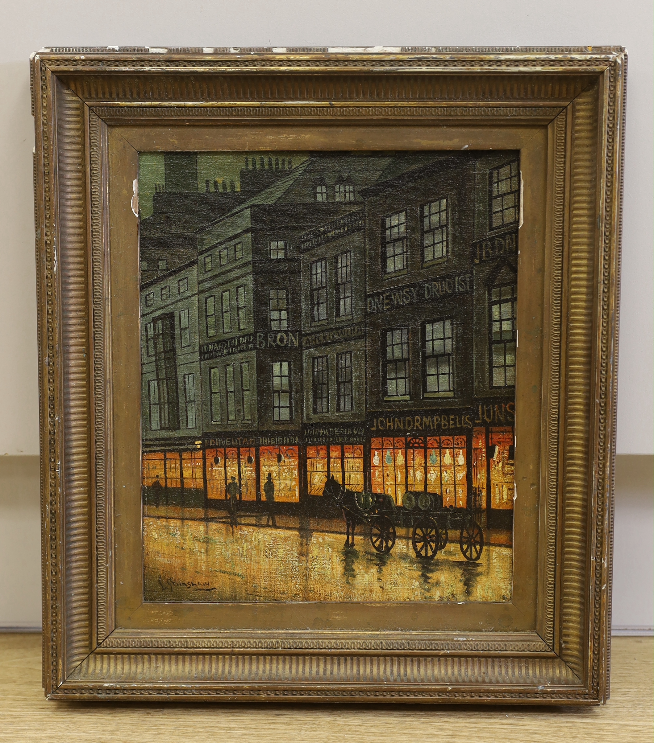 After John Atkinson Grimshaw (1836–1893), oil on board, Liverpool street with horse and cart, 29 x 24cm